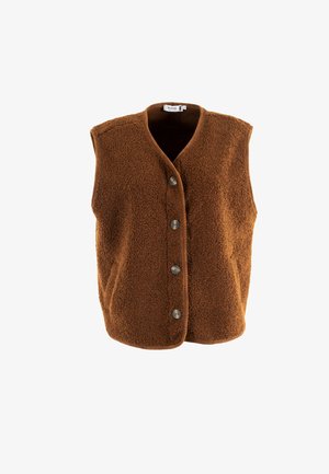 Bruine fleece vest met een zachte textuur, mouwloos ontwerp en een ronde halslijn. Heeft vijf zilveren knopen aan de voorkant en zijzakken.