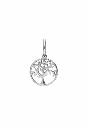 Pendentif circulaire en argent présentant un arbre stylisé avec des branches et des feuilles, fixé à un petit anneau pour chaîne.