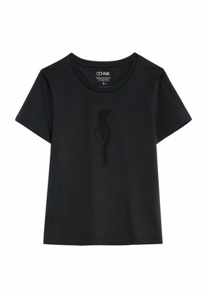 Czarna koszulka z krótkim rękawem i okrągłym dekoltem, z subtelnym, błyszczącym wzorem sylwetki ptaka umieszczonym centralnie na piersi.