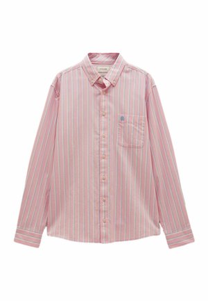 Pink long-sleeve button-up shirt with blue and white vertical stripes, a chest pocket, and a button-down collar.