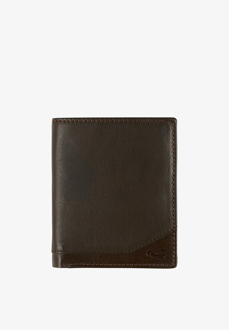 Braune Leder-Bifold-Geldbörse mit glatter Textur, abgerundeten Ecken und kontrastierenden Nähten. Auf der Seite befindet sich ein dezentes Logo-Detail.