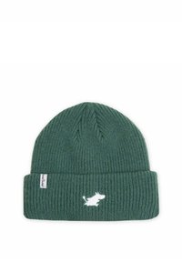 Vihreä ribbineulottu pipo, jossa on käännetty resori ja valkoinen kirjailtu koirakuosi. Pehmeä rakenne ja lämmin materiaali.