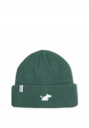 Vihreä ribbineulottu pipo, jossa on käännetty resori ja valkoinen kirjailtu koirakuosi. Pehmeä rakenne ja lämmin materiaali.