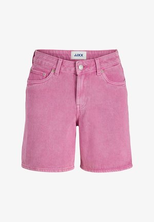 Short en jean rose taille mi-haute avec bouton à l’avant, fermeture éclair, passants de ceinture et poches avant, étiquette de la marque JJXX à l’intérieur de la ceinture.