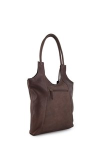 Braune Ledertasche mit strukturierter Oberfläche, ausgestattet mit zwei Schulterriemen und einer vorderen Reißverschlusstasche für zusätzliche Funktionalität.