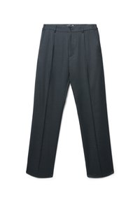 Dunkelgraue, maßgeschneiderte Hose mit gefälteltem Bund, geraden Beinen und einem Knopfverschluss am Bund. Hergestellt aus einem glatten Stoff.