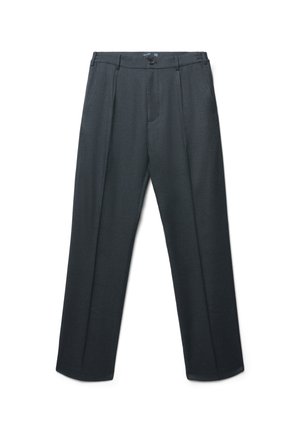 Dunkelgraue, maßgeschneiderte Hose mit gefälteltem Bund, geraden Beinen und einem Knopfverschluss am Bund. Hergestellt aus einem glatten Stoff.