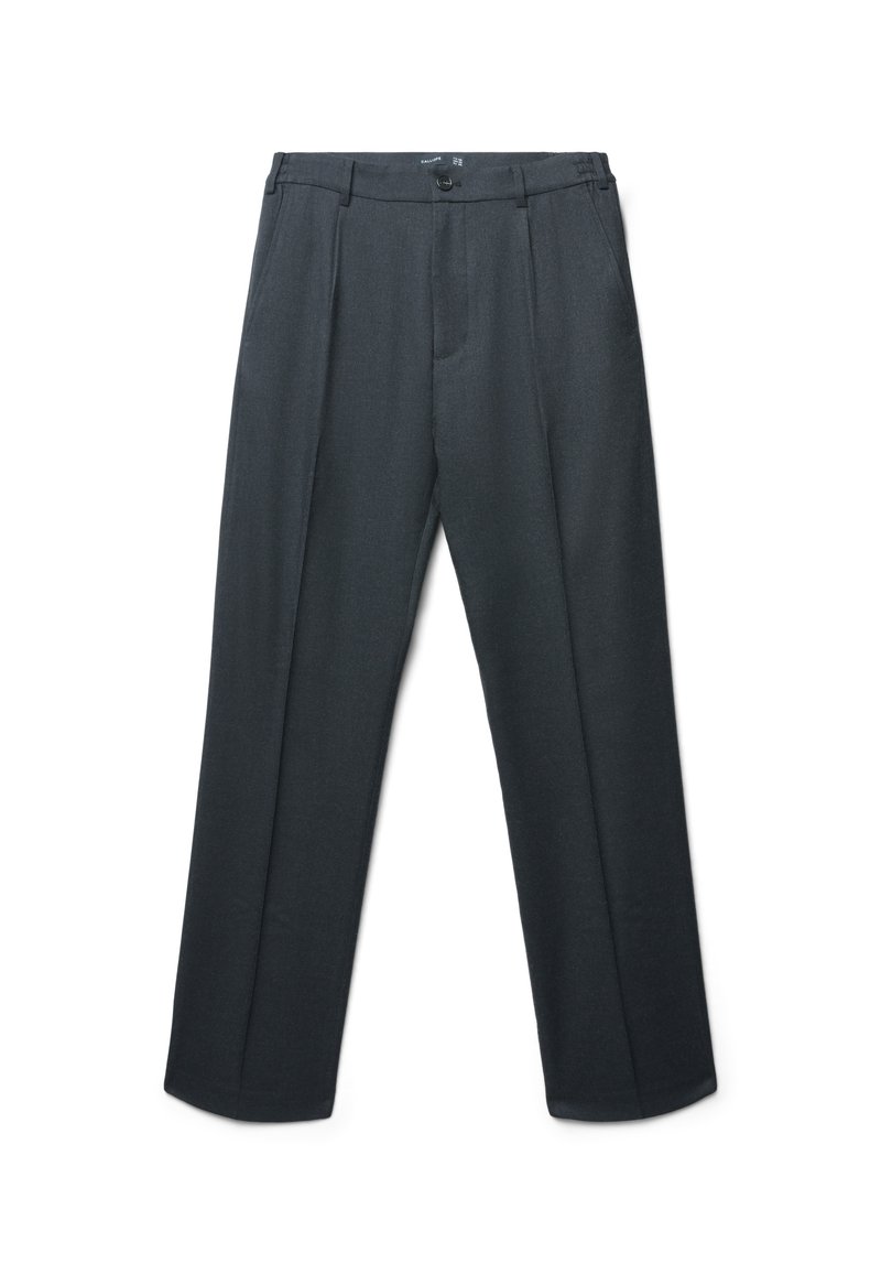 Dunkelgraue, maßgeschneiderte Hose mit gefälteltem Bund, geraden Beinen und einem Knopfverschluss am Bund. Hergestellt aus einem glatten Stoff.