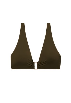 Haut de bikini vert olive foncé avec un décolleté en V profond et une petite boucle en métal au centre devant.