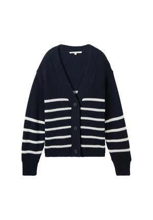 Cardigan lavorato a maglia blu navy con strisce orizzontali bianche, scollo a V, maniche lunghe e cinque bottoni frontali. Materiale a costine testurizzato.