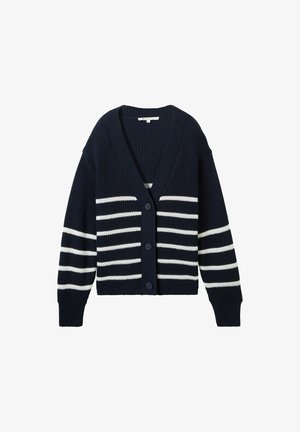 Cardigan lavorato a maglia blu navy con strisce orizzontali bianche, scollo a V, maniche lunghe e cinque bottoni frontali. Materiale a costine testurizzato.