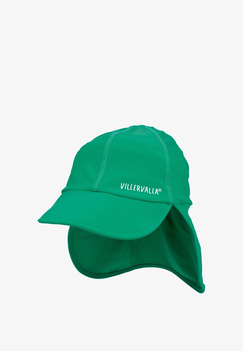 Zelený sluneční klobouk vyrobený z měkké tkaniny s prodlouženým zadním lemem pro ochranu před sluncem, s prošitými akcenty a bílým logem "VILLERVALLA".