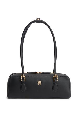 Sort rektangulær håndtaske med dobbelt lange håndtag, guldfarvet hardware, lynlås og et lille guldløgslogo foran i midten.