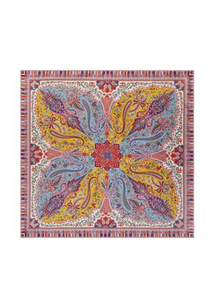 Quadratisches Textil mit symmetrischen Paisley-Mustern in Gelb, Blau, Rot und Lila, versehen mit floralen und filigranen ornamentalen Designs.