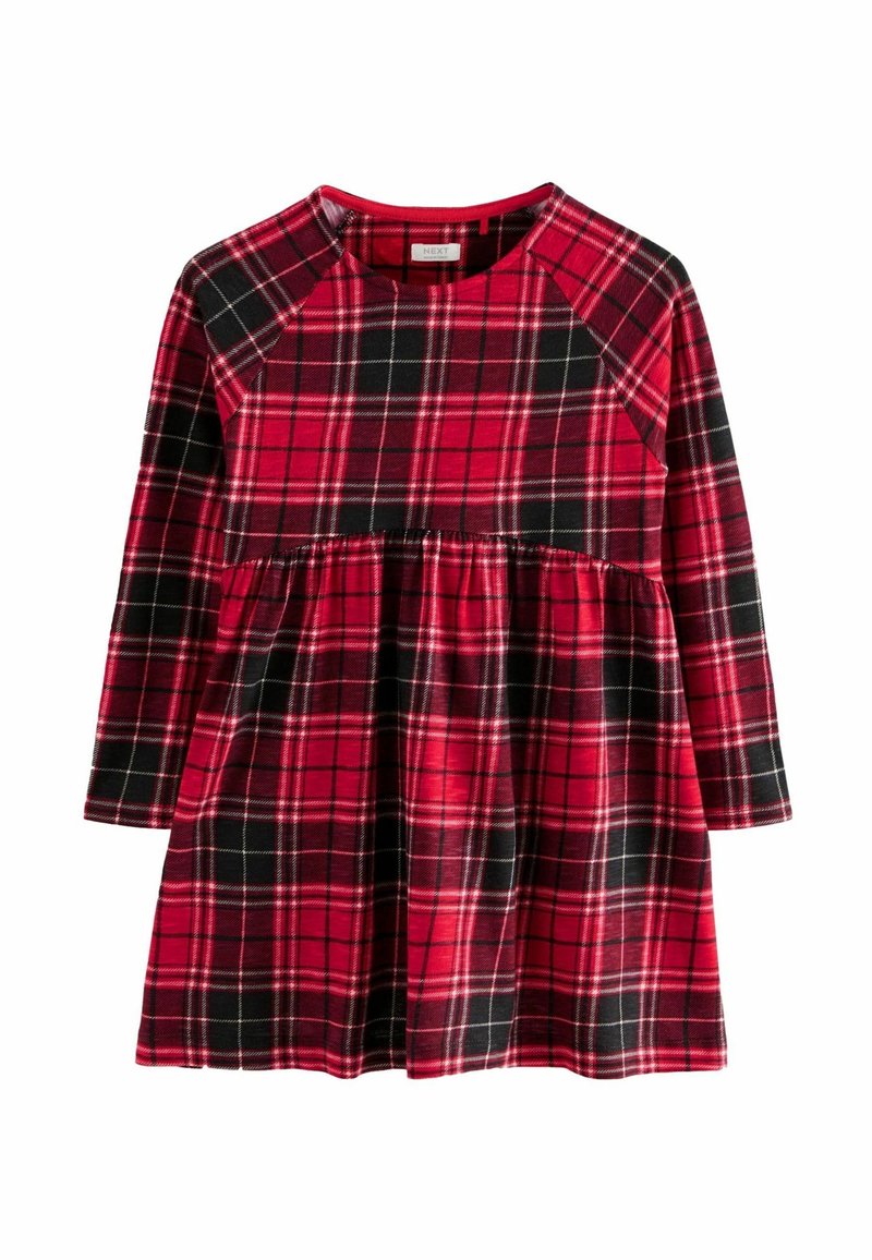 Robe écossaise rouge et noire à manches longues, décolleté rond et taille évasée. Tissu doux avec un motif à carreaux et jupe froncée.