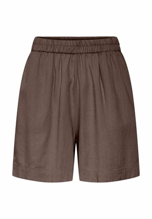 Short en lin marron avec taille élastique, coupe décontractée et ourlet droit, présenté sur fond blanc.