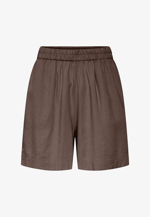 Pantalones cortos de lino marrones con cintura elástica, corte holgado y dobladillo recto, mostrados sobre un fondo blanco.