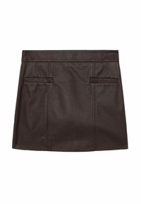 Mini gonna in finta pelle marrone scuro con taglio dritto e due tasche welt orizzontali sul davanti.