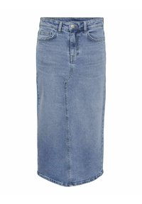 Jupe midi en denim bleu clair. Caractéristiques : coupe droite, cinq poches, fermeture à bouton à l'avant et légèrement délavée. Texture douce sur l'ensemble.