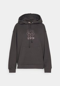 Felpa con cappuccio grigio scuro realizzata in materiale morbido, con tasca frontale e un logo floreale con strass sul petto.