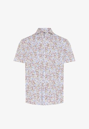 Kortærmet skjorte med knapper og flerfarvet blomsterprint i lyseblå, grøn og bordeaux på hvid baggrund.