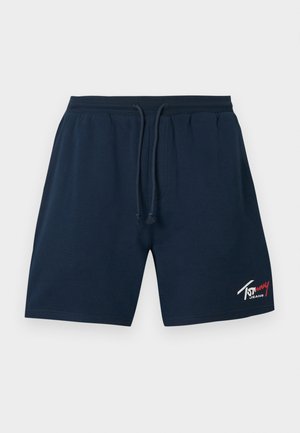 Marineblå casual shorts med elastisk midje og snor, med hvit og rød "Tommy Jeans" logo på nedre venstre ben.