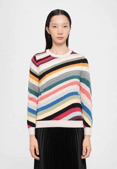 Suéter multicolorido a rayas con cuello redondo, mangas largas y una textura suave. Rayas en tonos de rosa, azul, verde y amarillo.