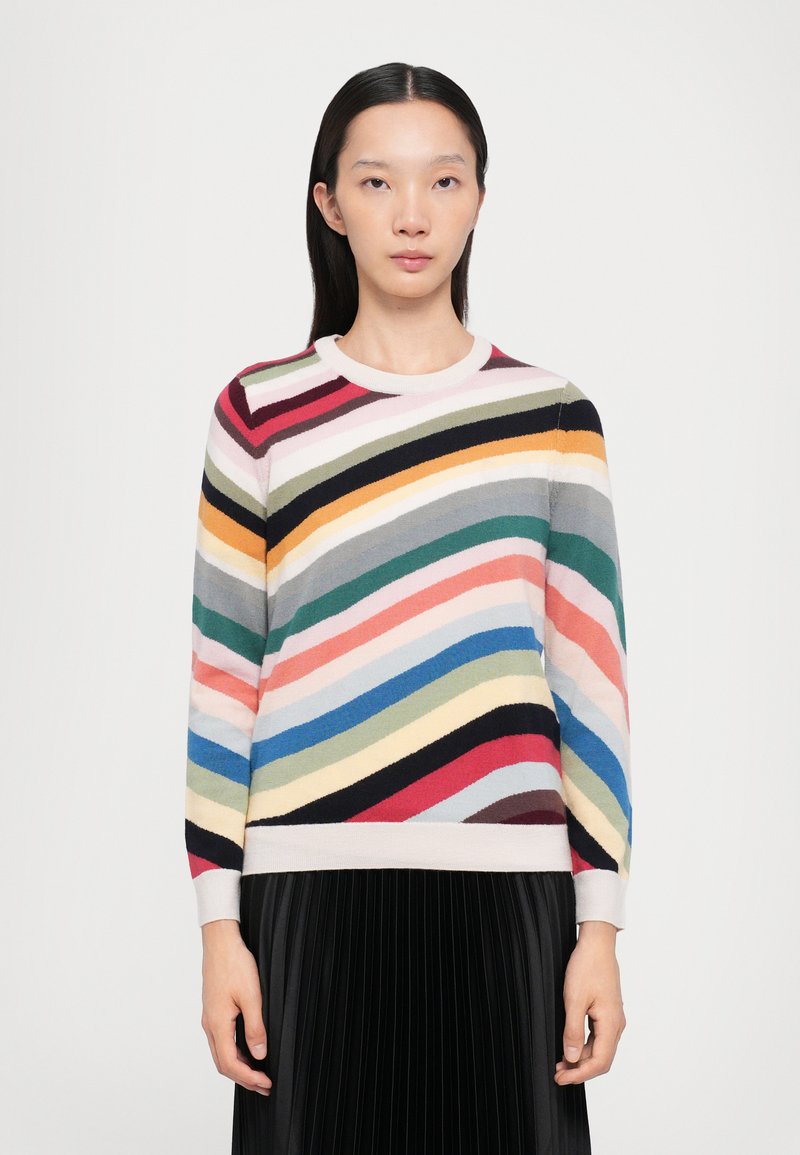 Maglione a righe multicolori con collo rotondo, maniche lunghe e una consistenza morbida. Righe in tonalità di rosa, blu, verde e giallo.