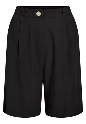 Svarte, høytlivde, skreddersydde shorts med frontfolder, beltestropper og en enkel hvit knappelukking i midjen.