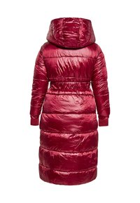 Palton puffer lung, cu glugă, de culoare vinovat lucioasă, cu ostenire orizontală, talie elastică și manșete cu dungi. Textură netedă și ușoară.