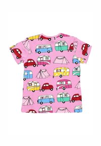 Różowa bawełniana koszulka z kolorowymi wzorami vintage samochodów, przyczep kempingowych i namiotów. Krótkie rękawy, okrągły dekolt, zabawny design.