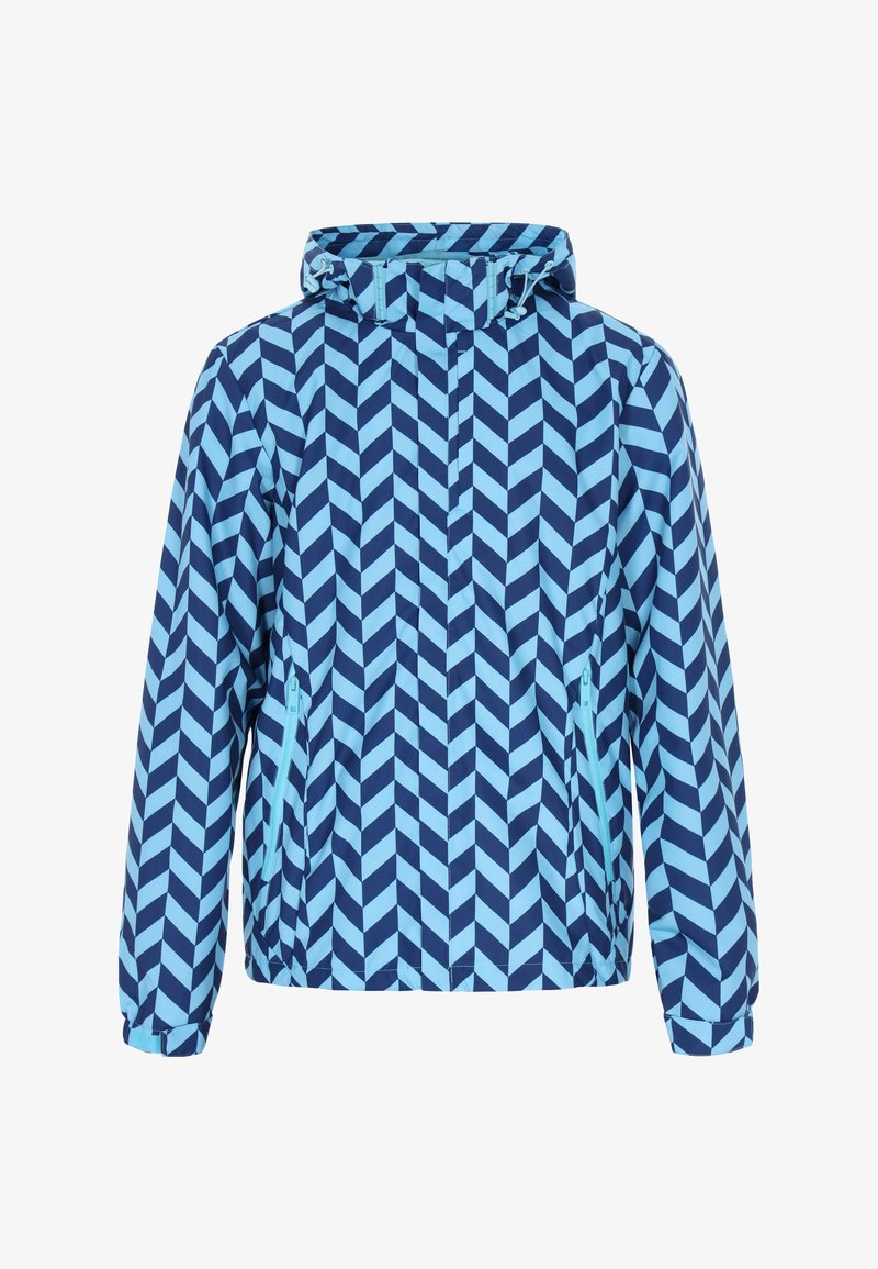 Blå og lyseblå jakke med et chevron-mønster. Har en hætte, to lynlåslommer på siderne og elastiske manchetter. Vandtæt materiale.