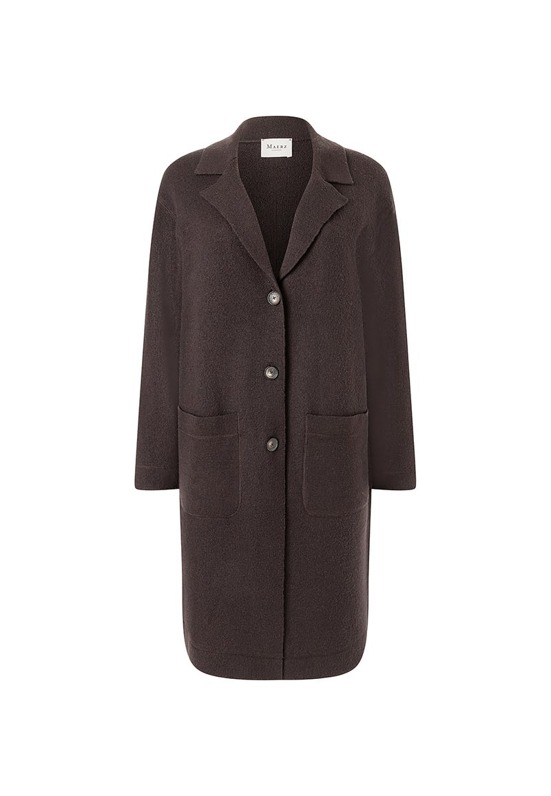 Abrigo largo de lana marrón oscuro con solapa, tres botones frontales y dos grandes bolsillos de parche.