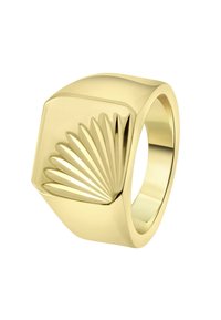 Gold ring with a thick band, featuring a sculpted fan design on the front. Smooth surface with a polished finish, reflecting light elegantly.
