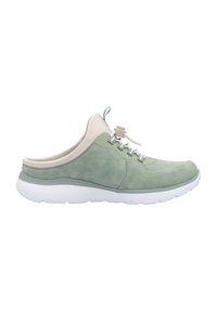 Chaussure à enfiler en daim vert avec une semelle en caoutchouc blanc, dotée d'un col de couleur claire, de lacets élastiques et d'un motif texturé sur la semelle.