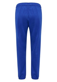 Blå sweatpants med elastisk midja, smalnande ben och en slät textur. Enkelt design utan ytterligare detaljer eller mönster.