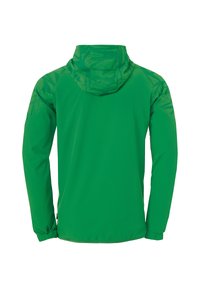 Grüne, leichte Jacke mit Kapuze, elastischen Bündchen und einem dezenten geometrischen Muster auf den Schultern und der Kapuze.