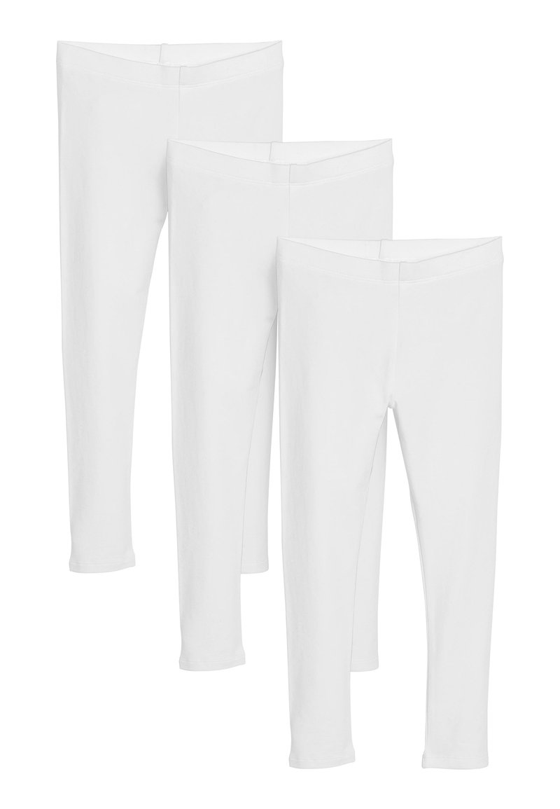 Tre paia di leggings bianchi realizzati in tessuto morbido. Ogni paio presenta un design aderente, una vita elasticizzata e una lunghezza ankle.