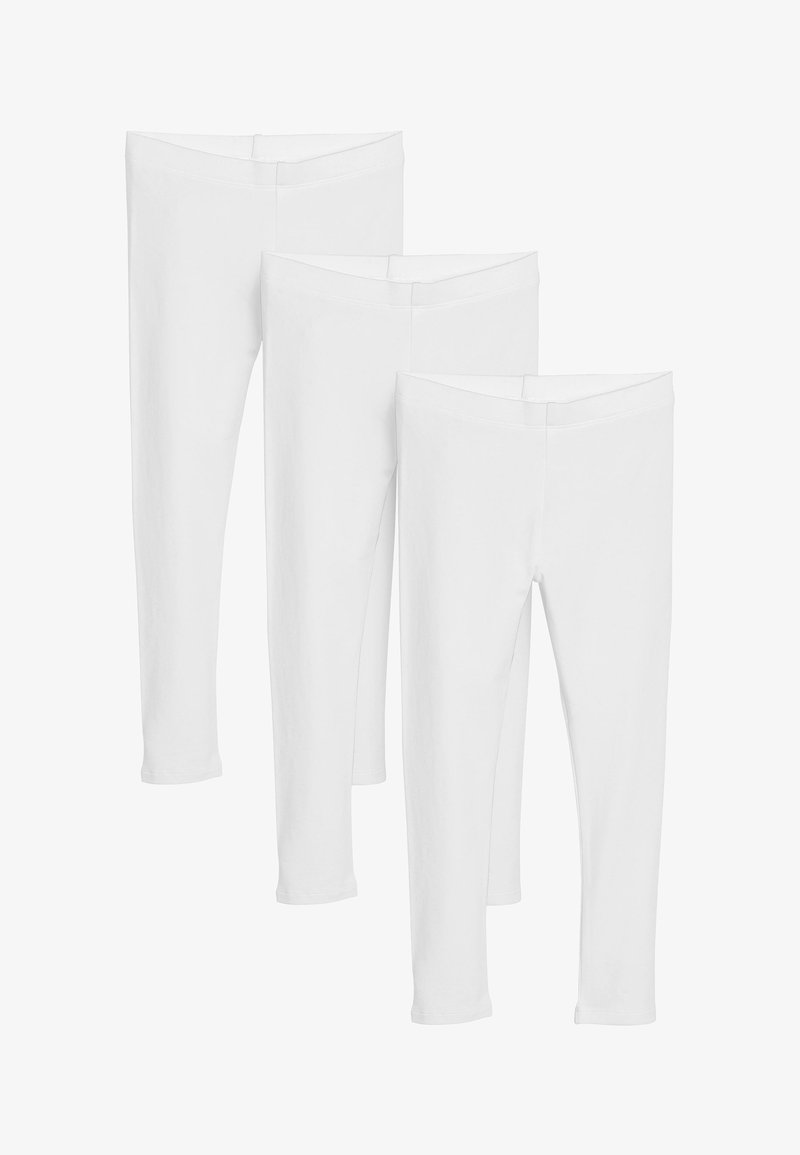 Drei Paar weiße Leggings aus weichem Stoff. Jedes Paar hat ein enges Design, einen elastischen Bund und einen knöchellangen Schnitt.