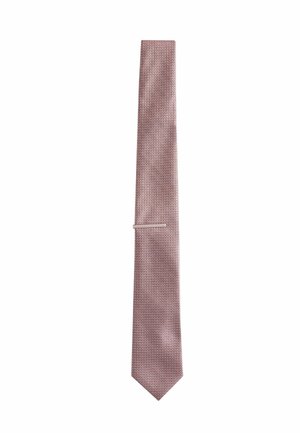 Pink slim necktie with a small textured geometric pattern and a matching fabric tie clip, laid flat on a white background.