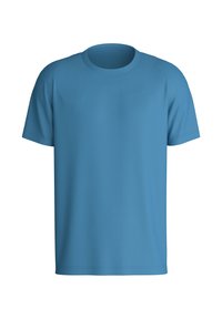 Lichtblauw katoenen T-shirt met ronde hals, korte mouwen en een eenvoudig ontwerp. Zachte textuur, geen patronen of accenten.