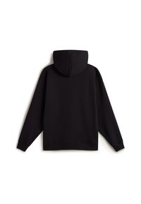 Black hooded sweatshirt, featuring long sleeves, a soft texture, and a relaxed fit. The design includes a rounded hood and ribbed cuffs.