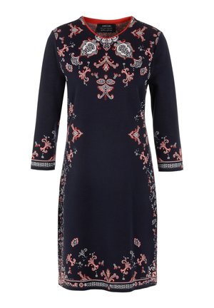 Navy blue dress with three-quarter sleeves, featuring intricate red and white floral embroidery and a round neckline. Soft, textured fabric.
