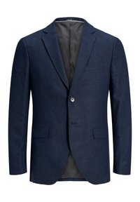 Blazer blu navy realizzato in tessuto testurizzato, con un bottone singolo, due tasche frontali e rivestimento a pois. La vestibilità sartoriale esalta la forma.