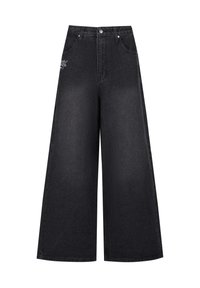 Schwarze Denim-Hosen mit weitem Bein und hoher Taille, die dezente Stickdetails und ein kleines Logo auf der linken vorderen Tasche aufweisen.