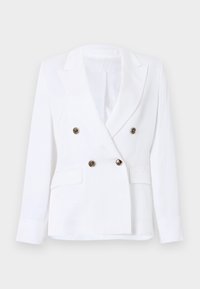 Λευκό διπλόφτερο σακάκι με πέτο σε σχήμα νύχι, τέσσερα σκούρα κουμπιά, μακριά μανίκια και δύο εμπρόσθιες τσέπες με καπάκι.