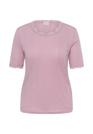 Lavender short-sleeve knit top with subtle vertical patterns and scalloped edges on collar and sleeves, labeled "Kaffe".