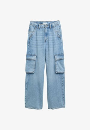 Svetlomodré deninové cargo nohavice so voľným strihom, dvomi veľkými bočnými vreckami a rovný strih nohavíc. Obsahujú pútka na opasok a nenápadné švy.