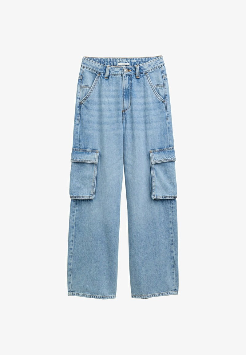 Heledad sinine denimpüksid laia lõikega, kahe suure külge taskuga ja sirge jala disainiga. Omab vöökohas silmuseid ja peenelt õmmeldud detaile.