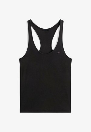 Schwarzes Tanktop aus geripptem Material mit Racerback-Design. Kleines Logo-Patch auf der linken Vorderseite. Schlichte und taillierte Form.